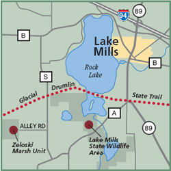 Lake Mills State Wildlife Area and Zeloski Marsh Unit map